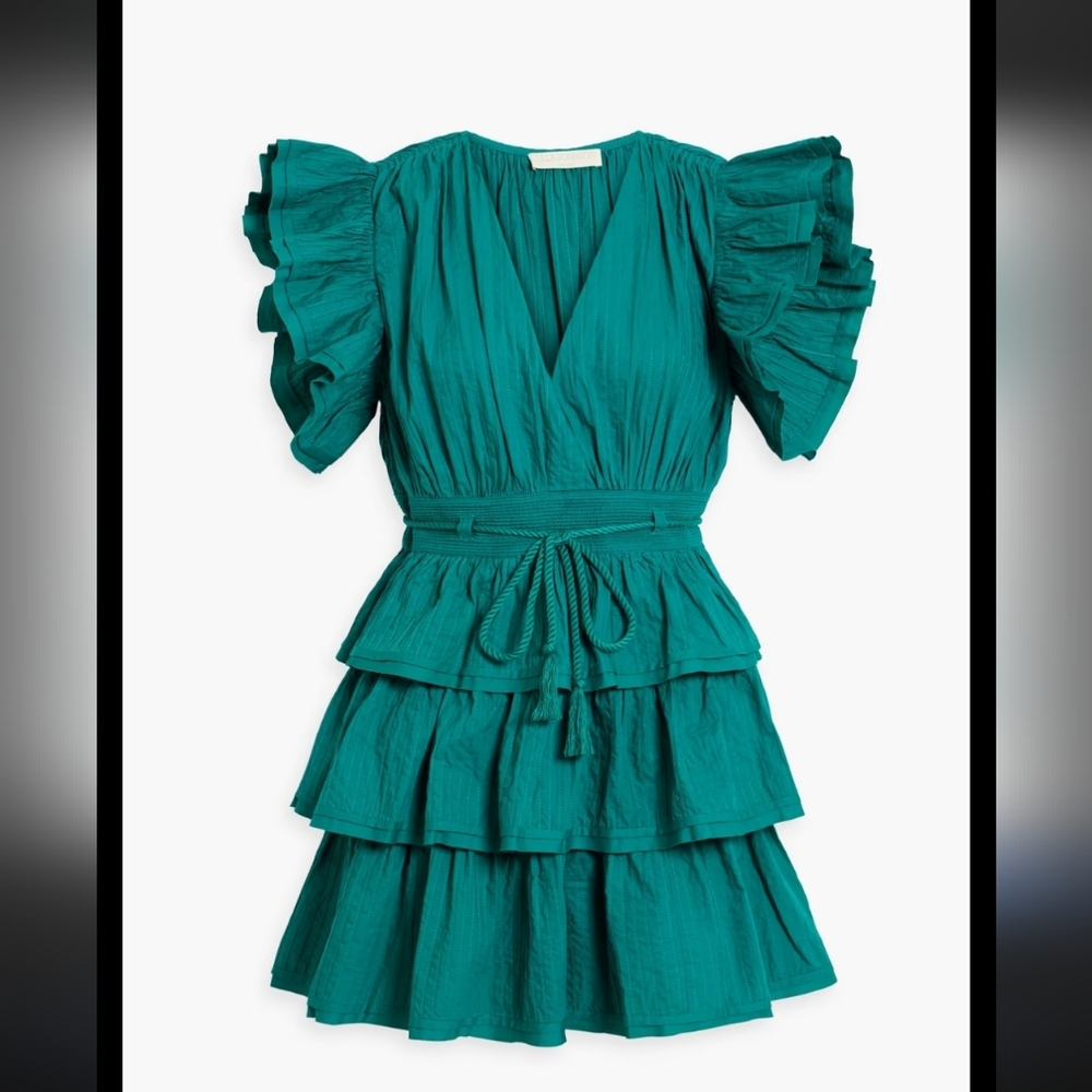 NWT Ulla Johnson Camilla Tiered Pintucked Cotton Poplin Mini Dress Teal Size 6